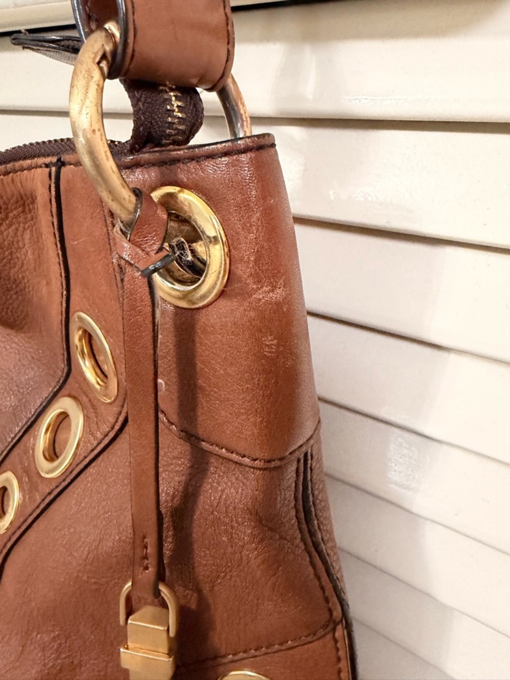 Cole Haan Brown Leather Hobo Bag with Gold Grommet Accents - Picture 6 of 11